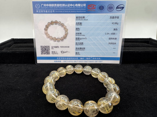 ゴールド ルチル クォーツ 金線入水晶 ブレスレット 12mm 16cm 43g ブラジル産